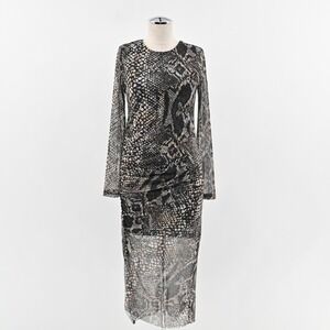 ALLSAINTS Nora Waima Dress Size 6 Slim Fit Ruched Midi Black Snake‎ Motif Print